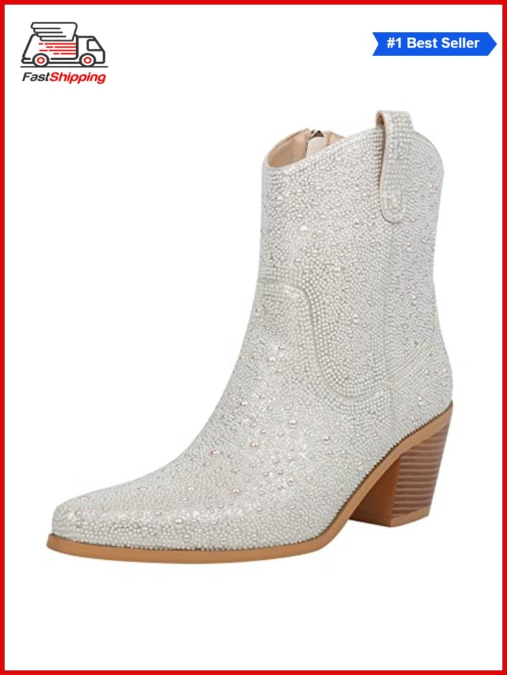 ✨ FIFSY Rhinestone Cowboy Boots Glitter Chunky Heel Sparkly Cowgirl Ankle Boots